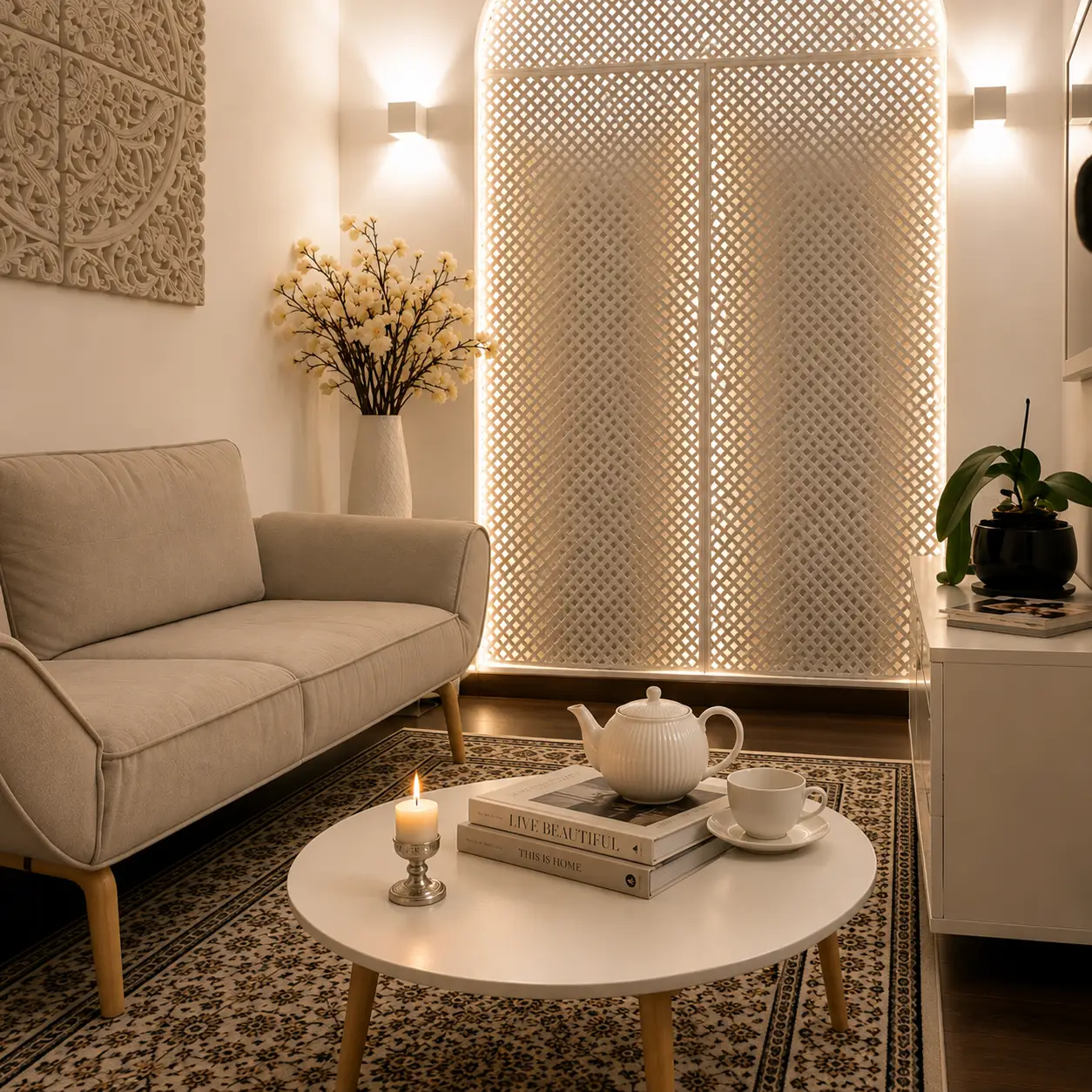 Sobre mí Comfortable waiting lounge area for clients, featuring a grey sofa, a white coffee table with a teapot, cup, and lit candle.