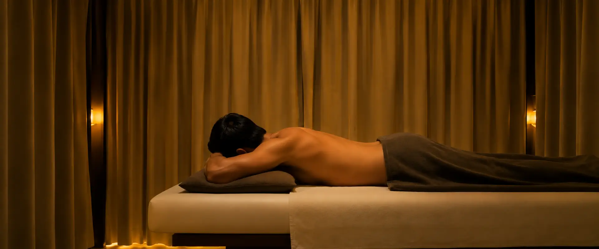 A male client relaxing face down on a massage table in a dimly lit, serene spa treatment room.
