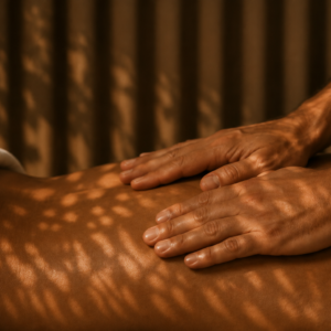 Massage therapist Antonio Campos applying a gentle back massage treatment bathed in dappled sunlight.